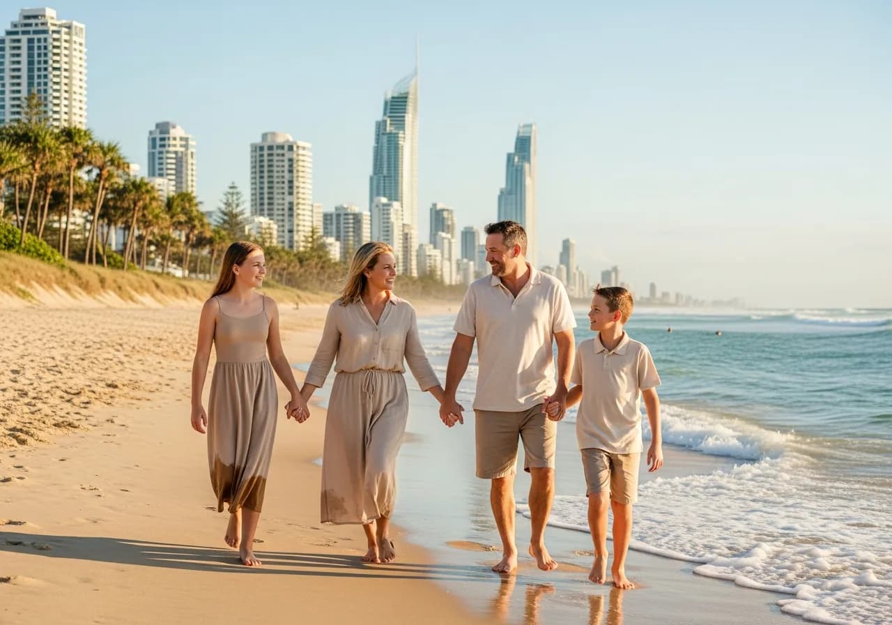 Australian family walking at the water's edge on a Gold Coast beach with the Surfers Paradise skyline in the background