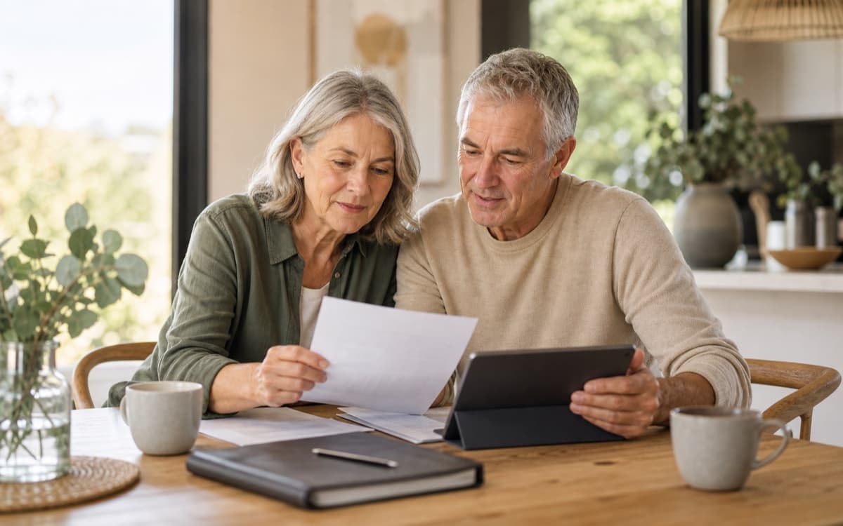 Australian couple reviewing retirement planning documents at home