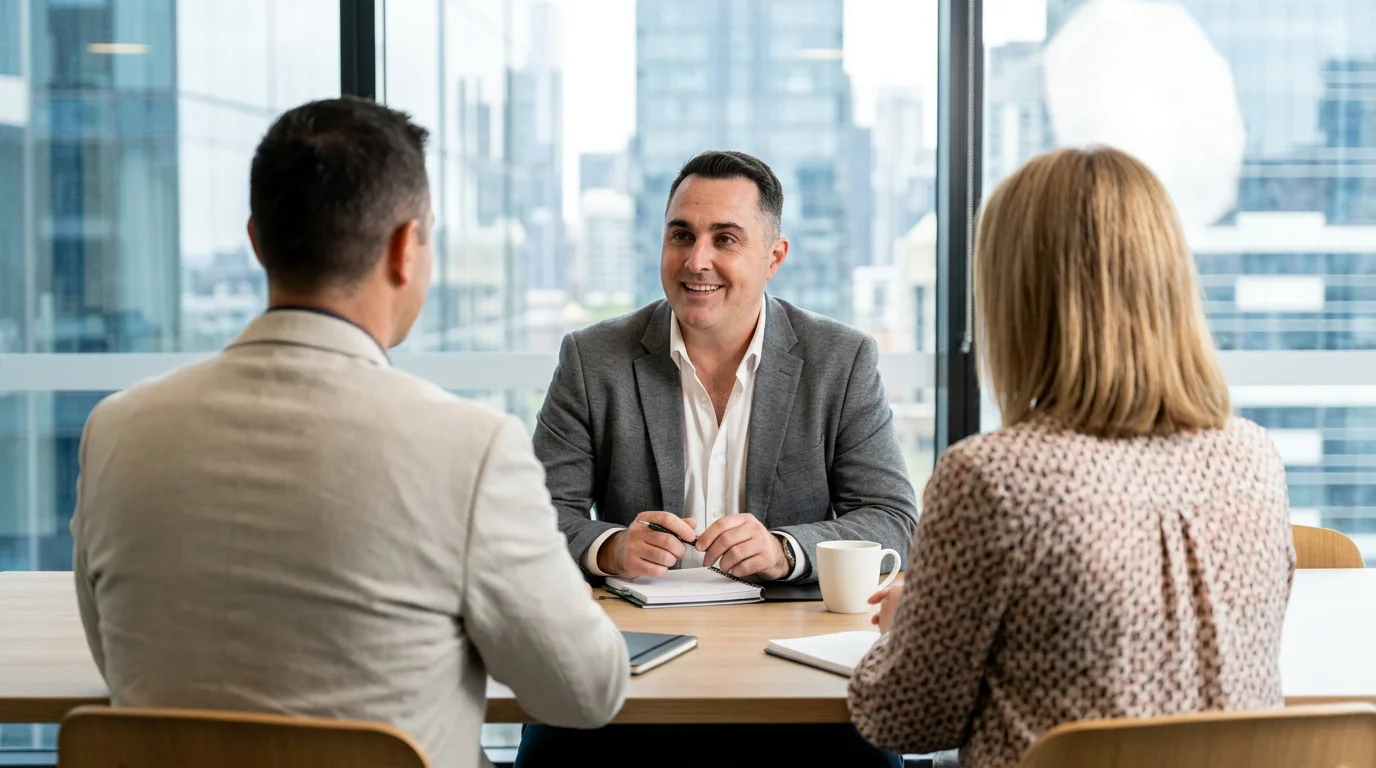Senior advisor in a Brisbane meeting room with clients