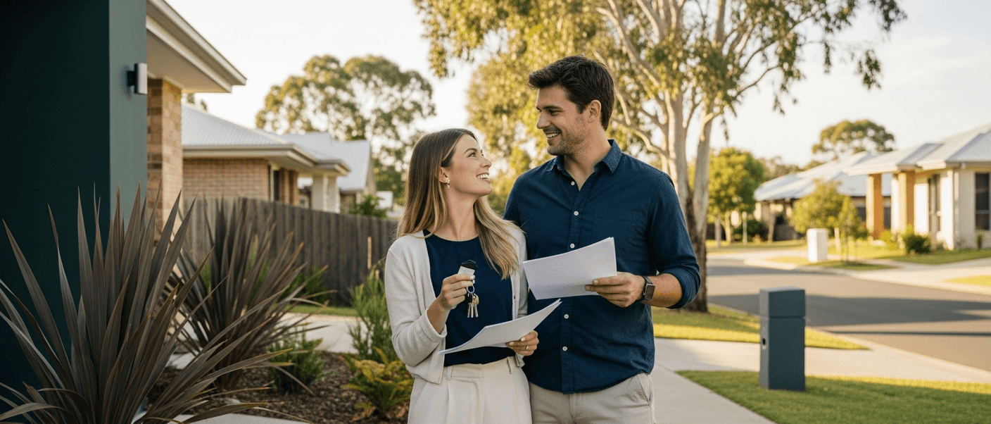 Young Australian couple standing outside their first home in a Brisbane suburb at soft morning daylight