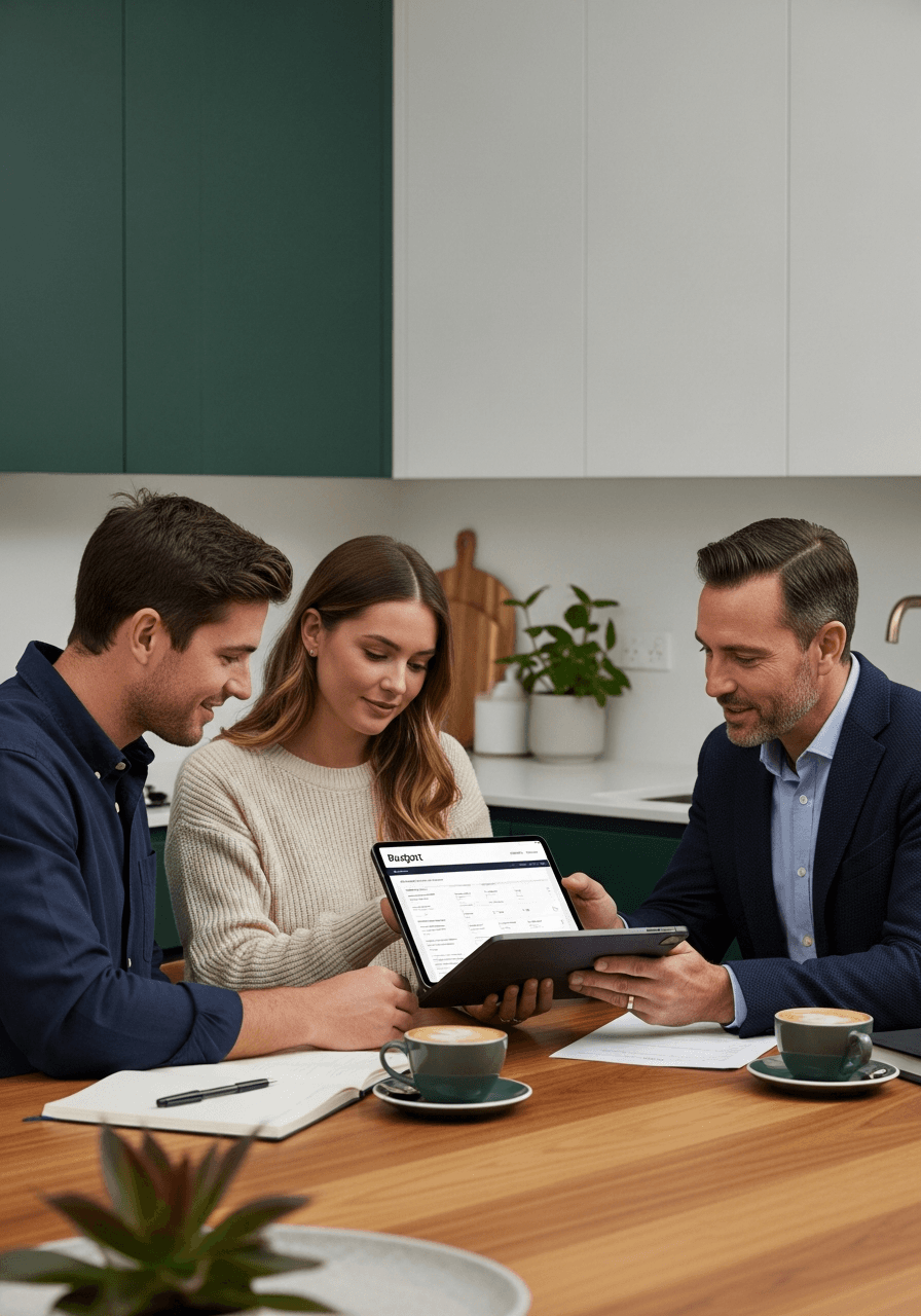 Australian first home buyer reviewing a budget at a kitchen table with a financial adviser