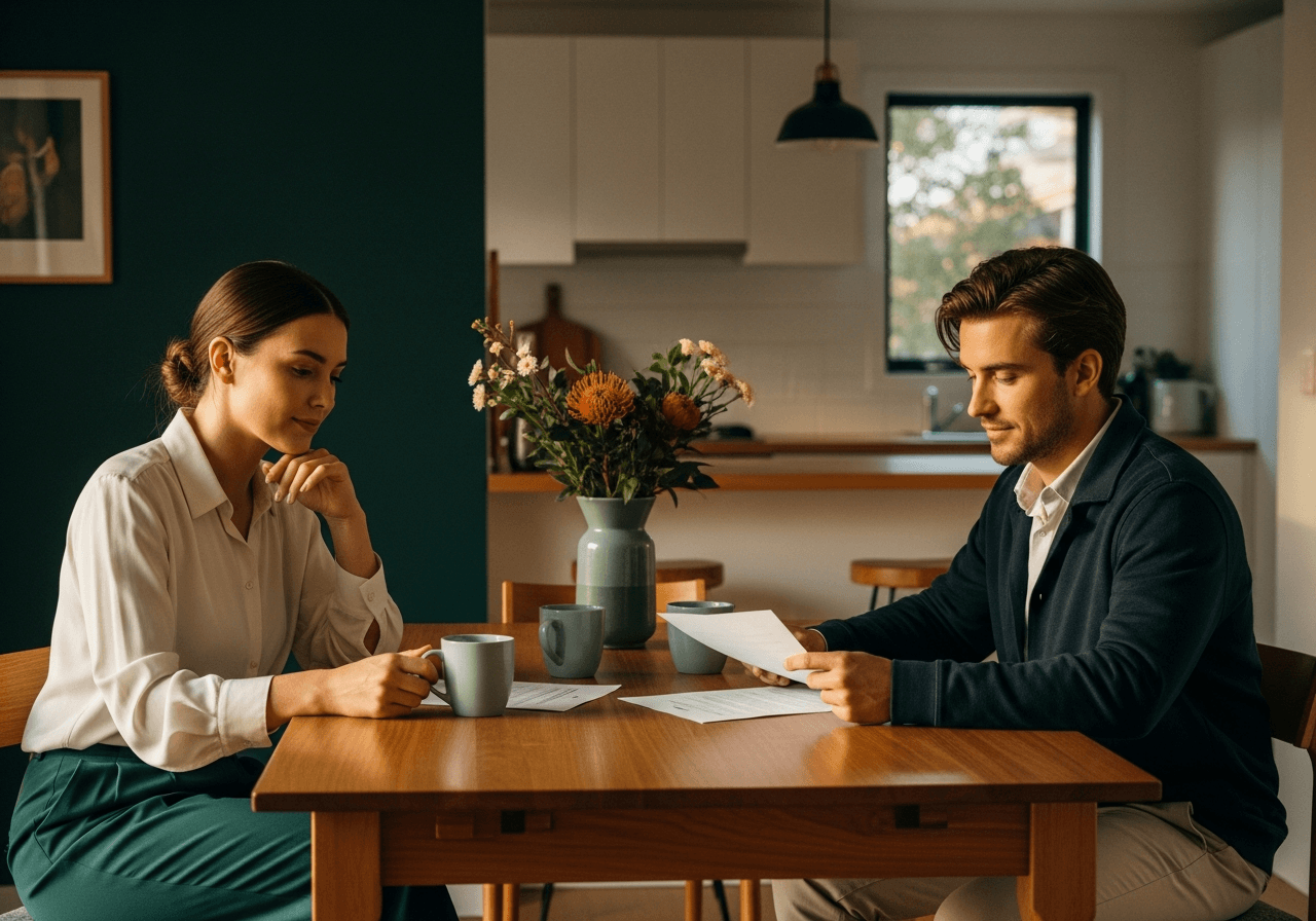 Australian couple reviewing first home buying paperwork at a kitchen table