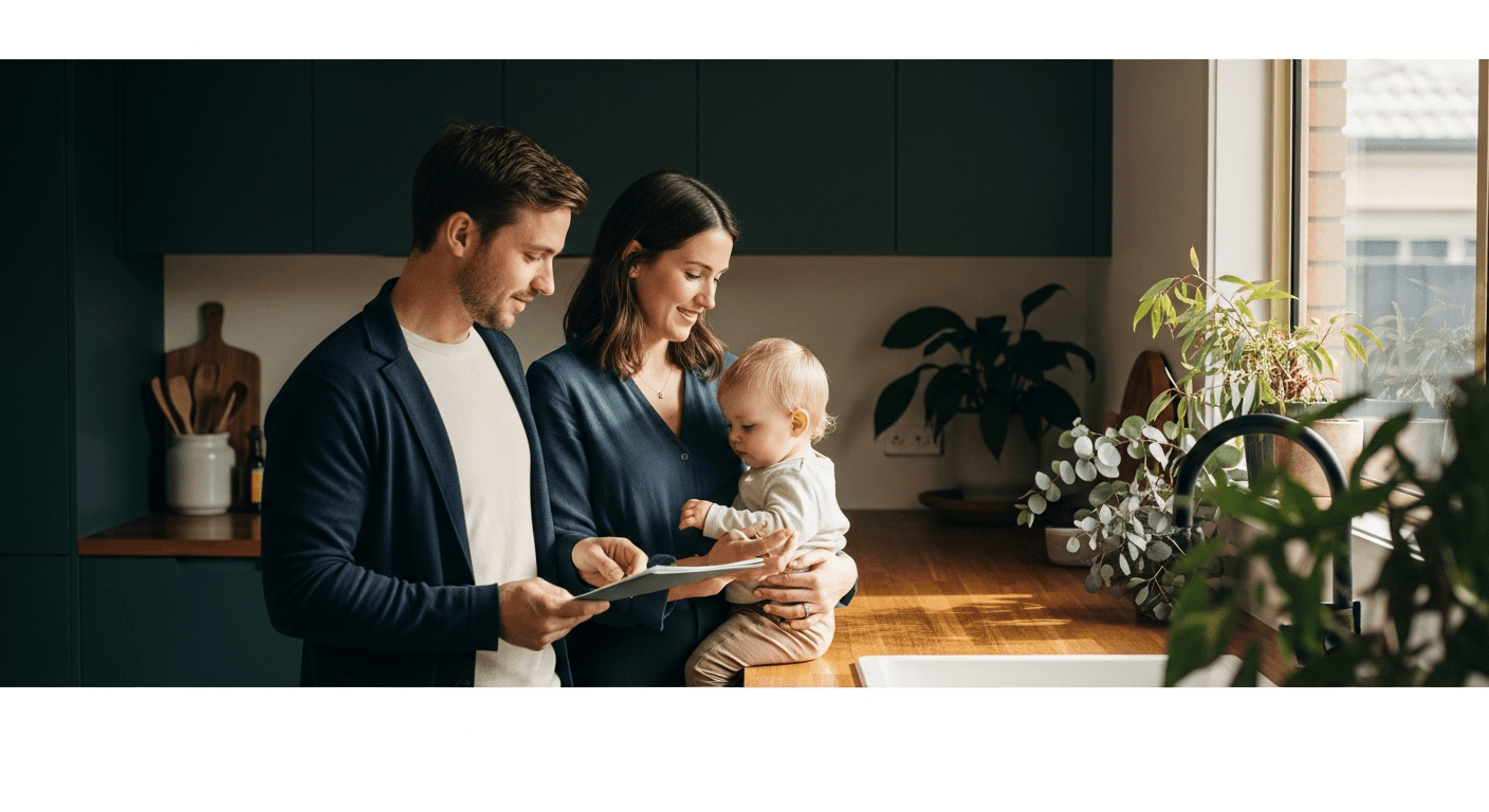 Australian parents at home with a young child in a soft daylight kitchen, calm and considered