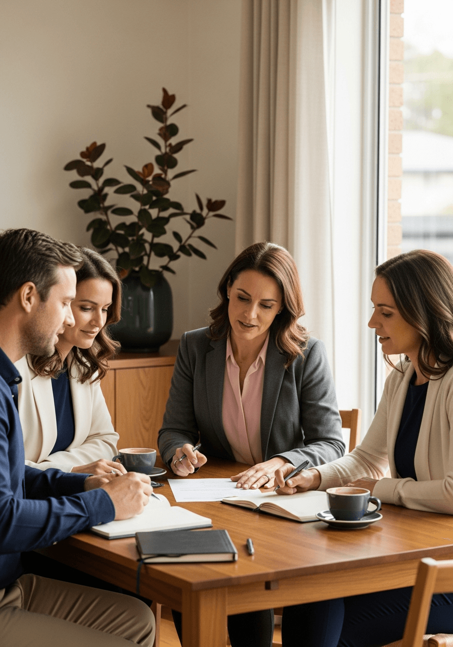 Australian parents reviewing their family budget with a wealth adviser