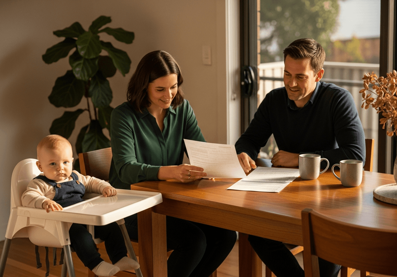 Australian family at a kitchen table reviewing budget paperwork with a baby in a high chair