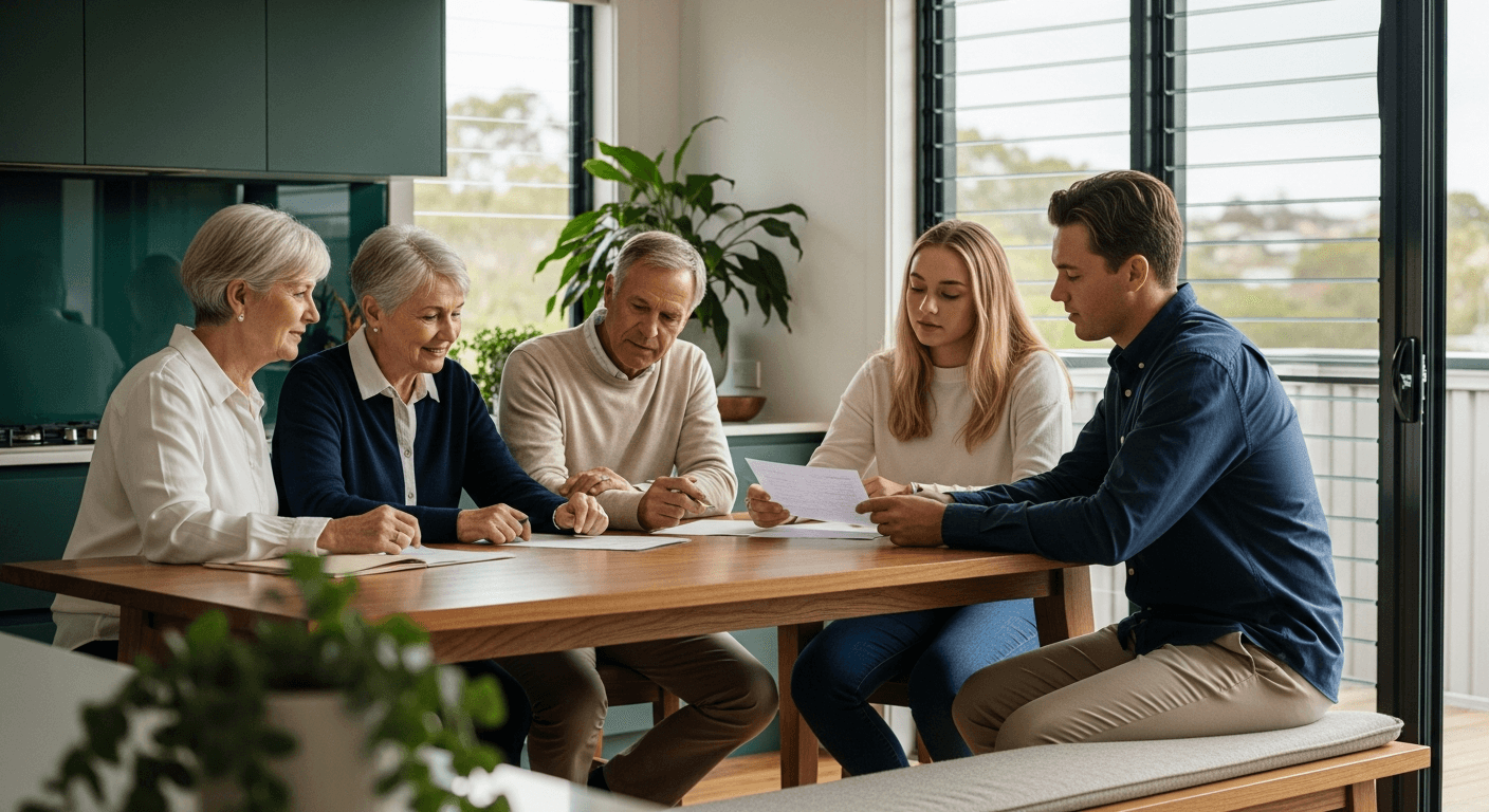 Australian multi-generational family at a warm timber kitchen table reviewing financial paperwork in soft daylight