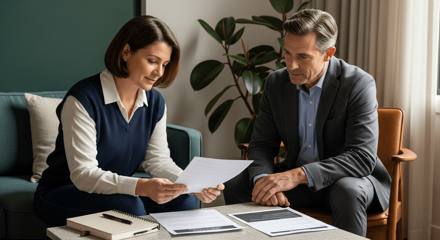 Australian person at home reviewing claim paperwork with calm focus and a financial adviser nearby