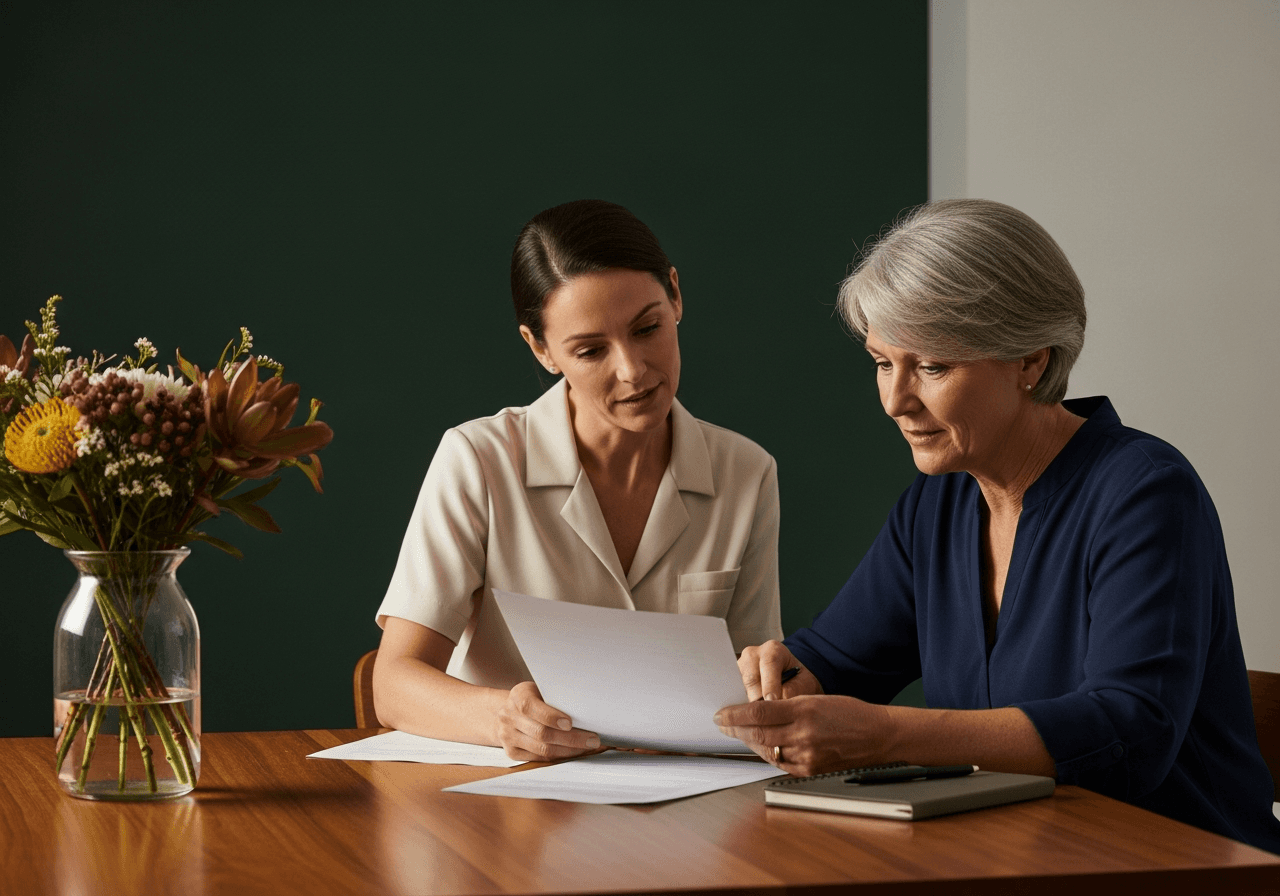 Australian carer and family member reviewing financial paperwork together calmly