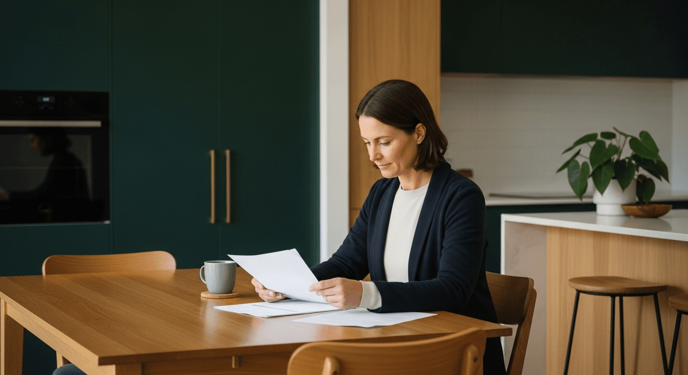 Australian person sitting at a quiet kitchen table reviewing financial paperwork in soft daylight, considered and calm