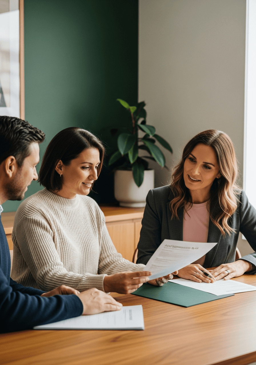 Australian client reviewing post-separation financial plan with a calm, considered adviser