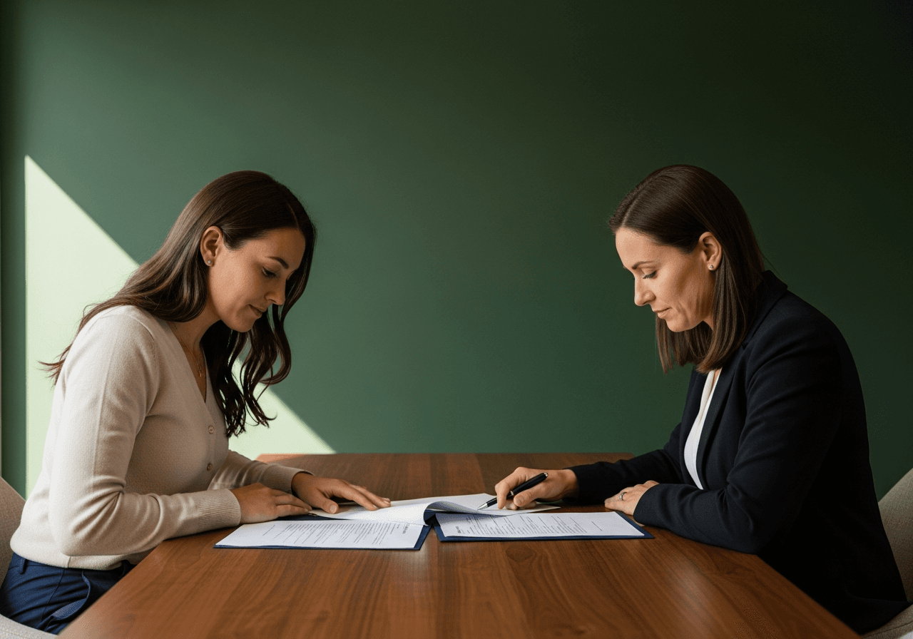Australian client and adviser reviewing settlement documents calmly at a meeting table