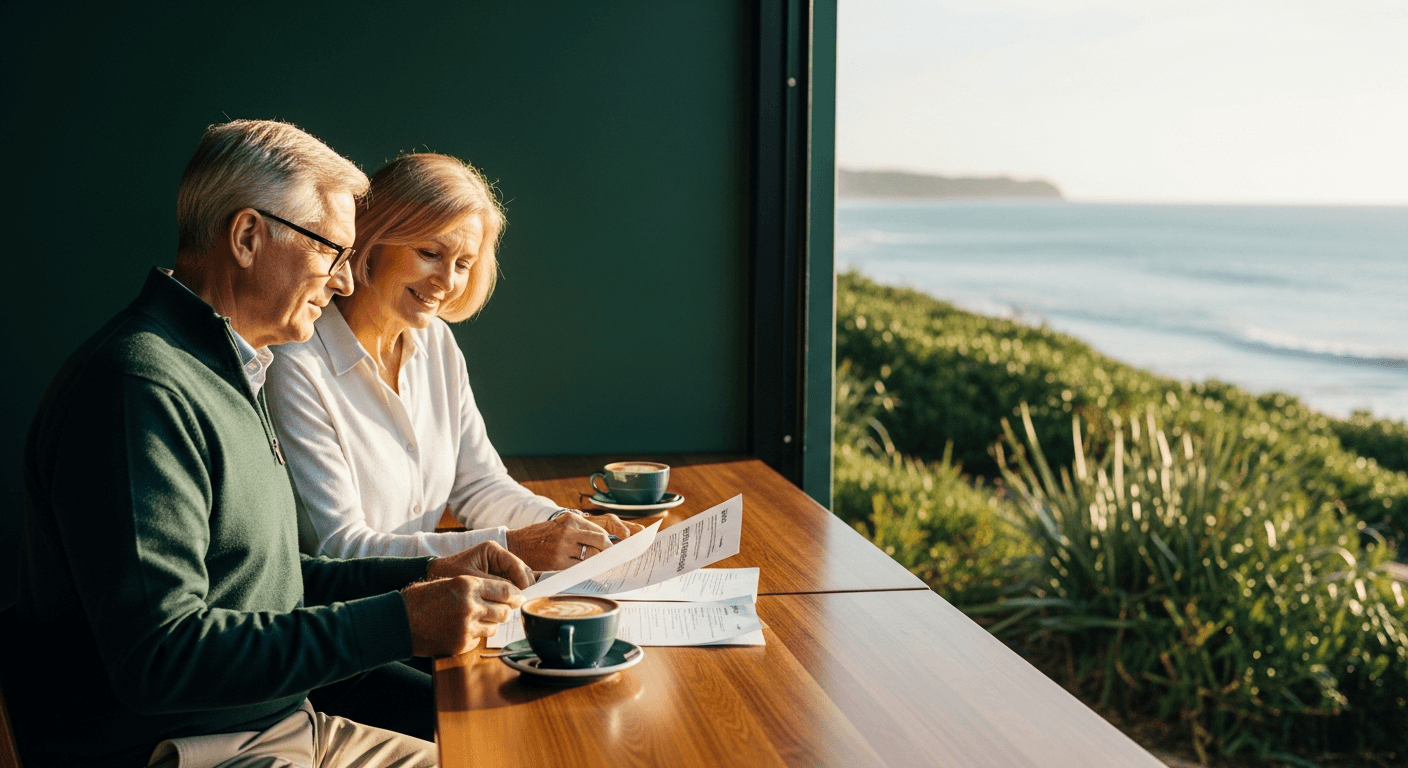 Australian couple in their early sixties at a quiet coastal cafe reviewing a retirement summary in soft morning light