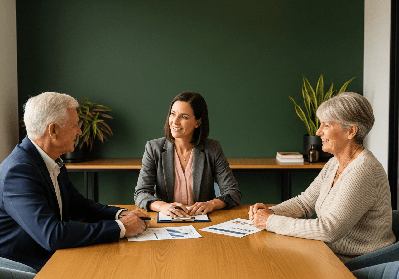 Australian retiree couple discussing retirement plan with their adviser at a warm timber meeting table