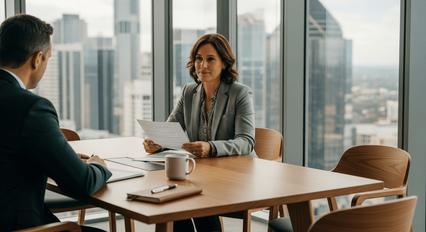 Australian client reviewing inheritance and business sale paperwork at a warm timber table in Brisbane CBD office
