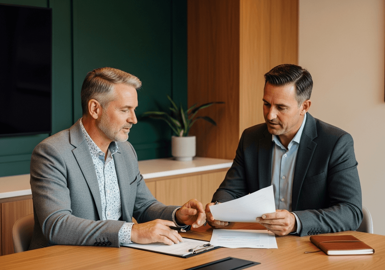Australian business owner reviewing sale proceeds and post-sale plan with a wealth adviser