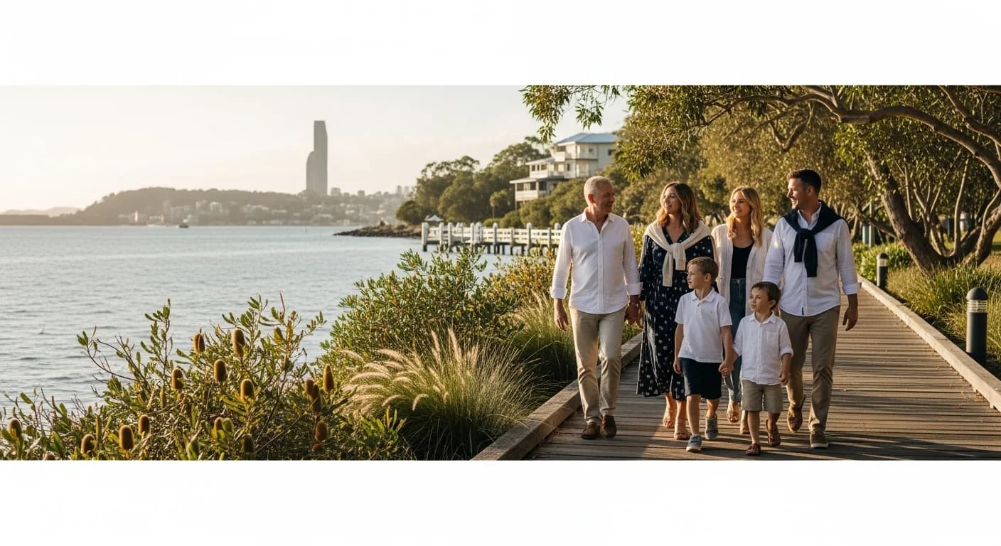 Multi-generation Australian family on a calm Queensland coastal walk