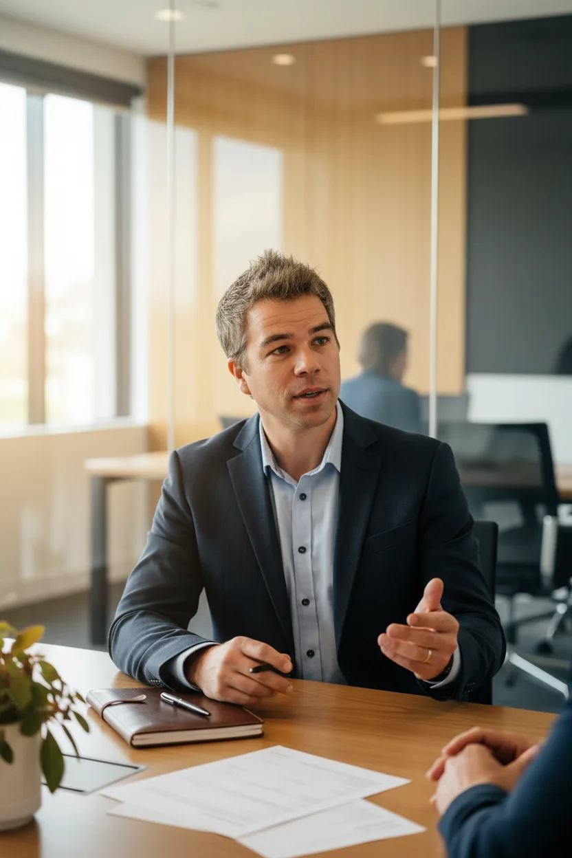 Business adviser in a calm strategic conversation with an Australian business owner