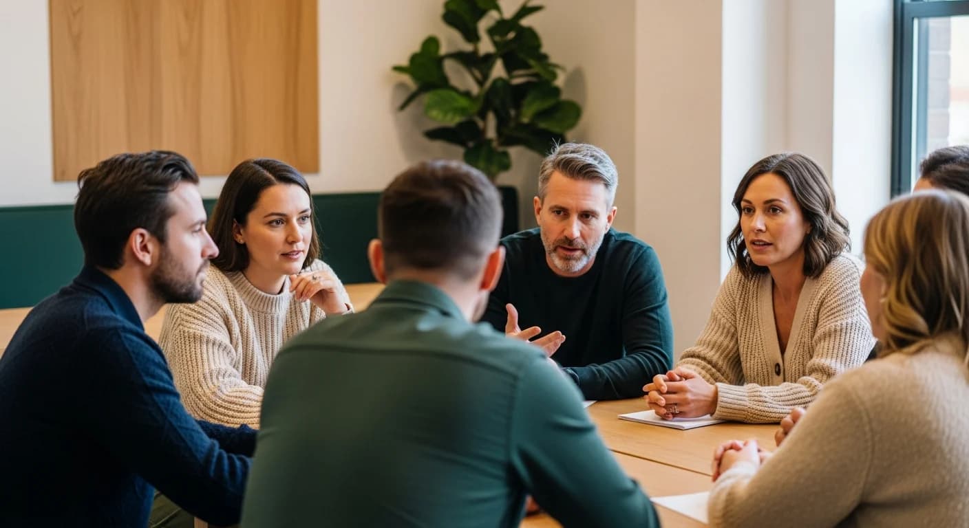 Australian workplace team in a calm Brisbane office workshop setting