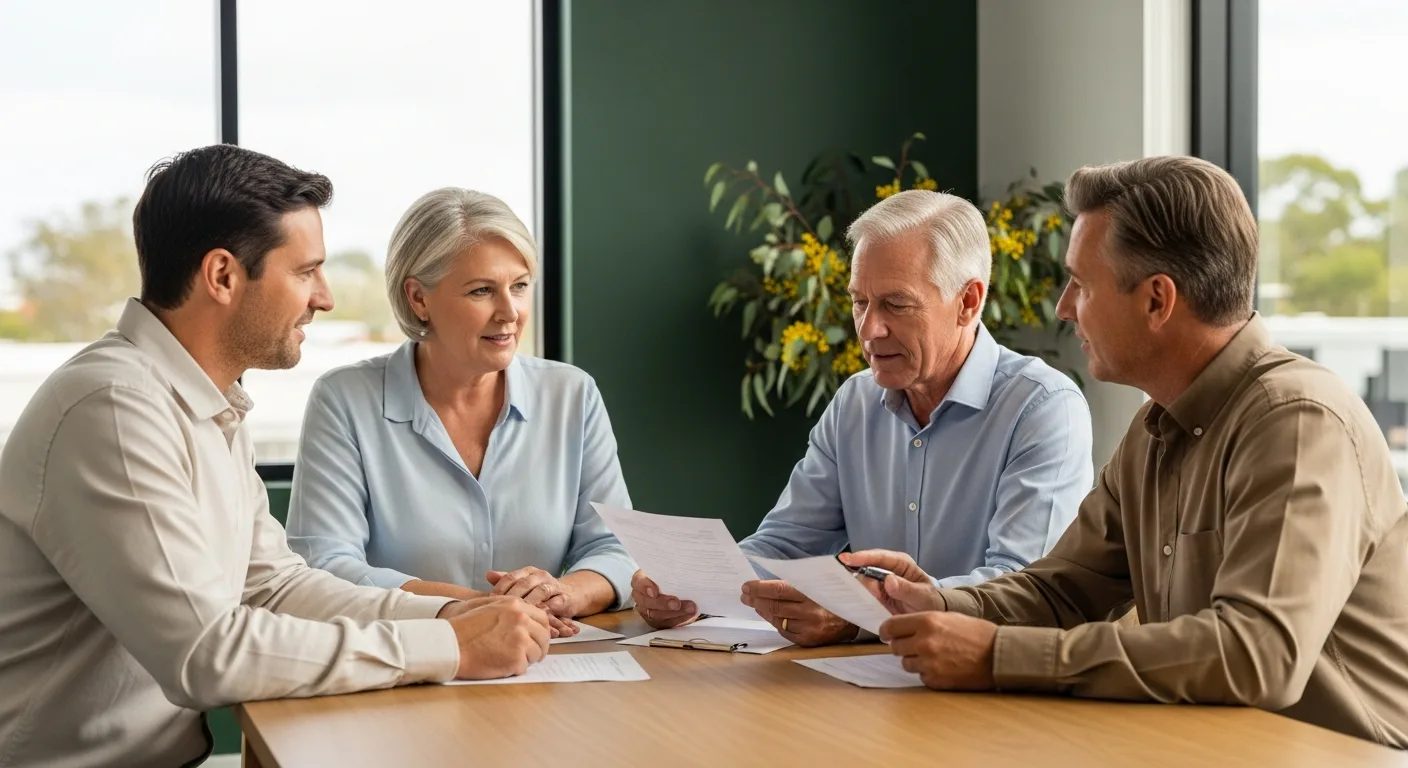 Australian family reviewing extended financial planning at a calm Brisbane meeting table