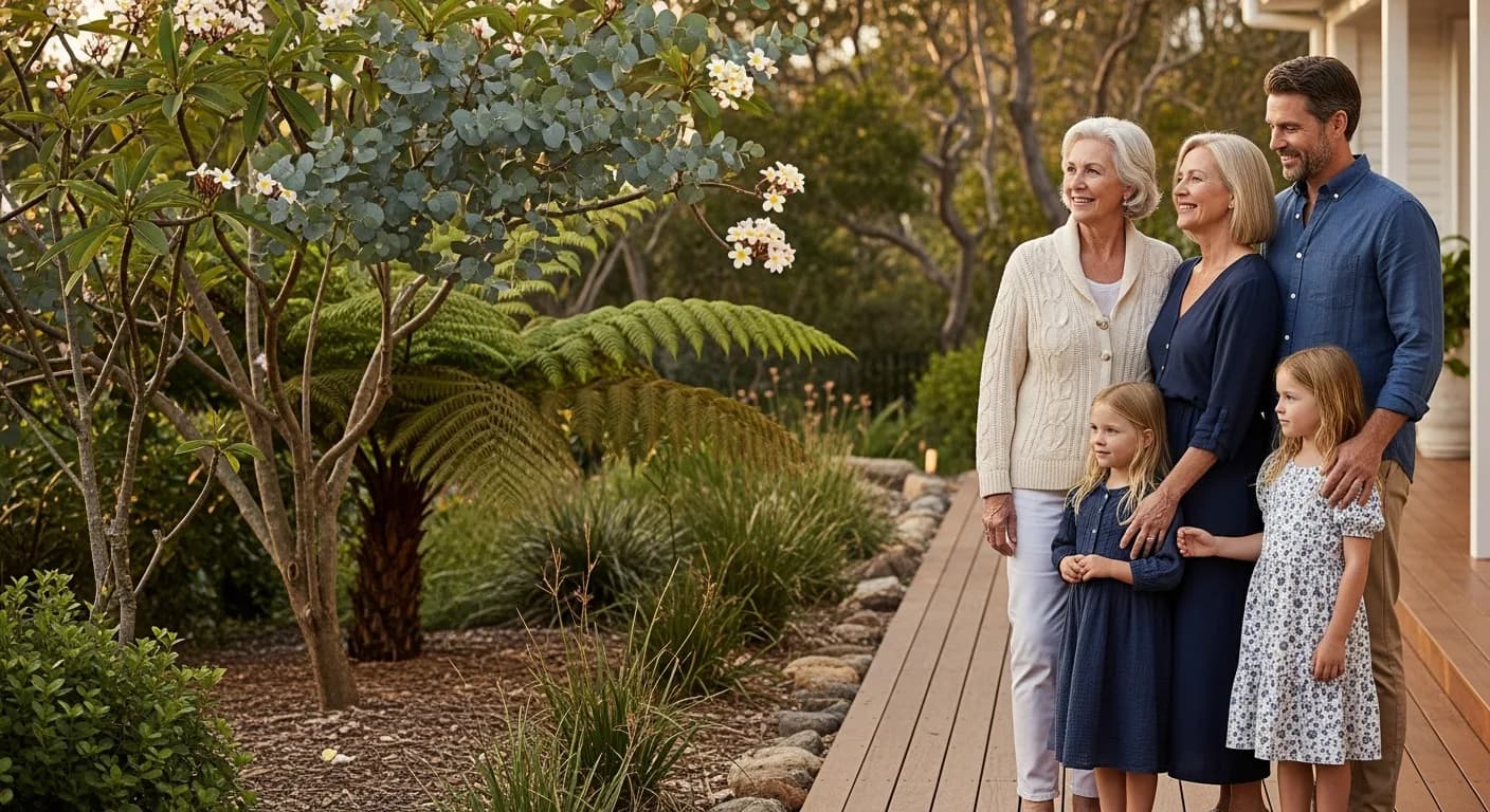 Multi-generation Australian family enjoying a calm Queensland coastal moment together