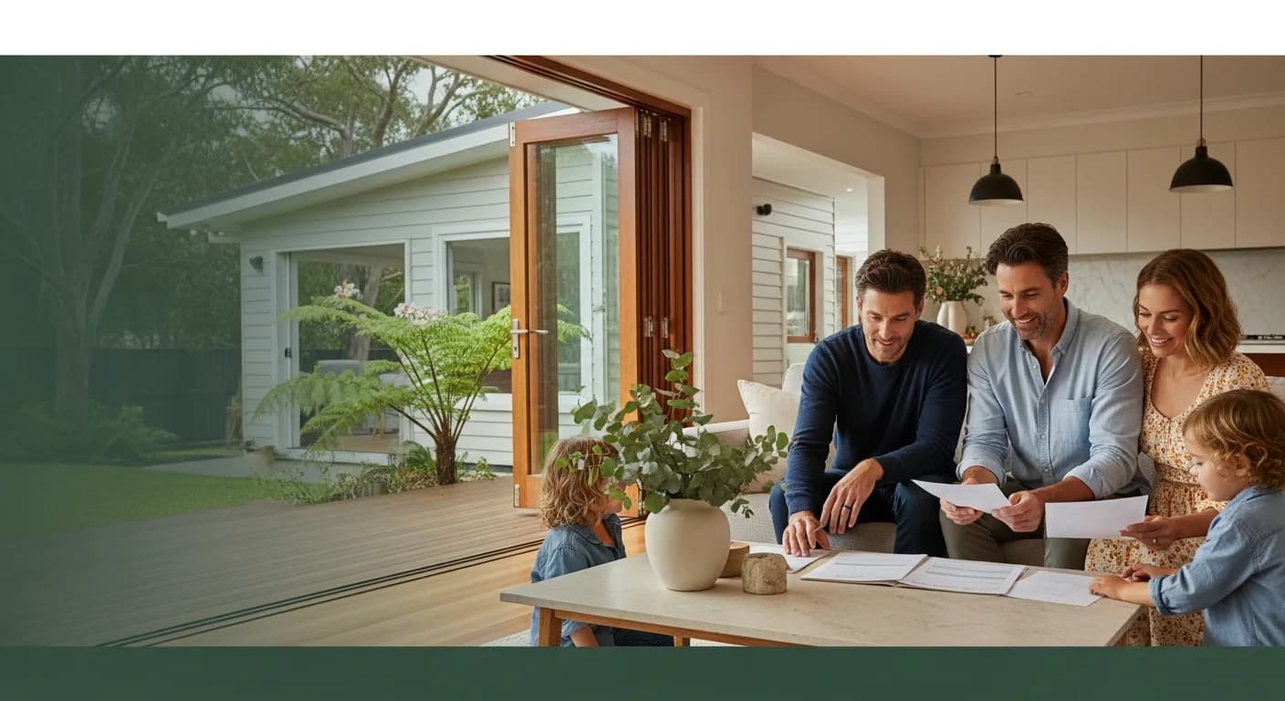 Australian family at home in South-East Queensland reviewing loan paperwork on a warm timber table