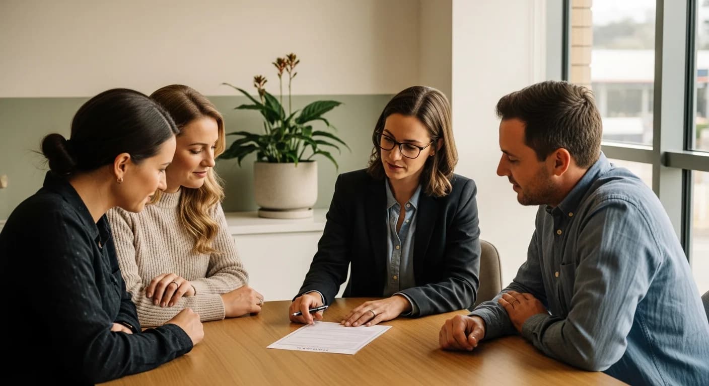 Australian couple reviewing home loan options with a broker at a warm meeting table