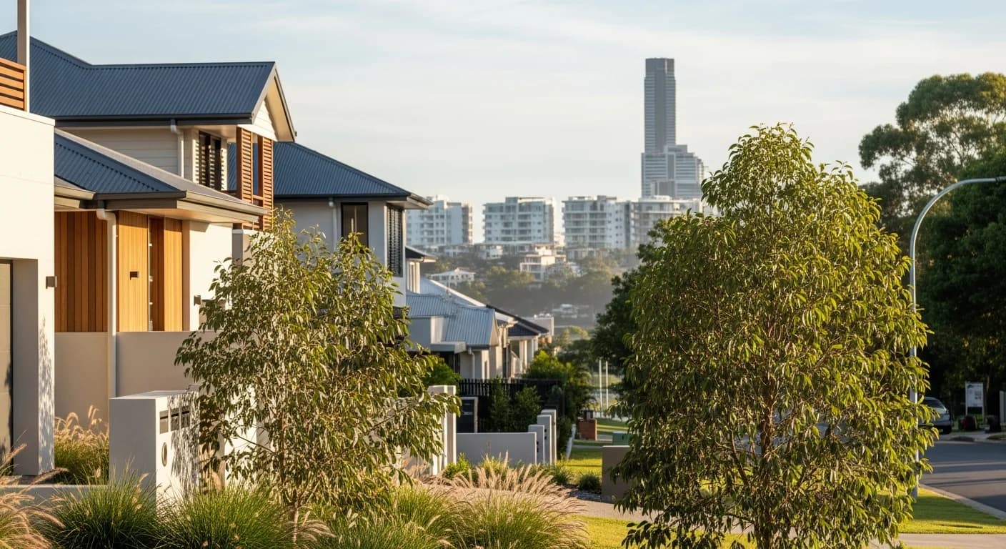 Brisbane residential street at soft morning daylight with the city skyline in soft focus behind