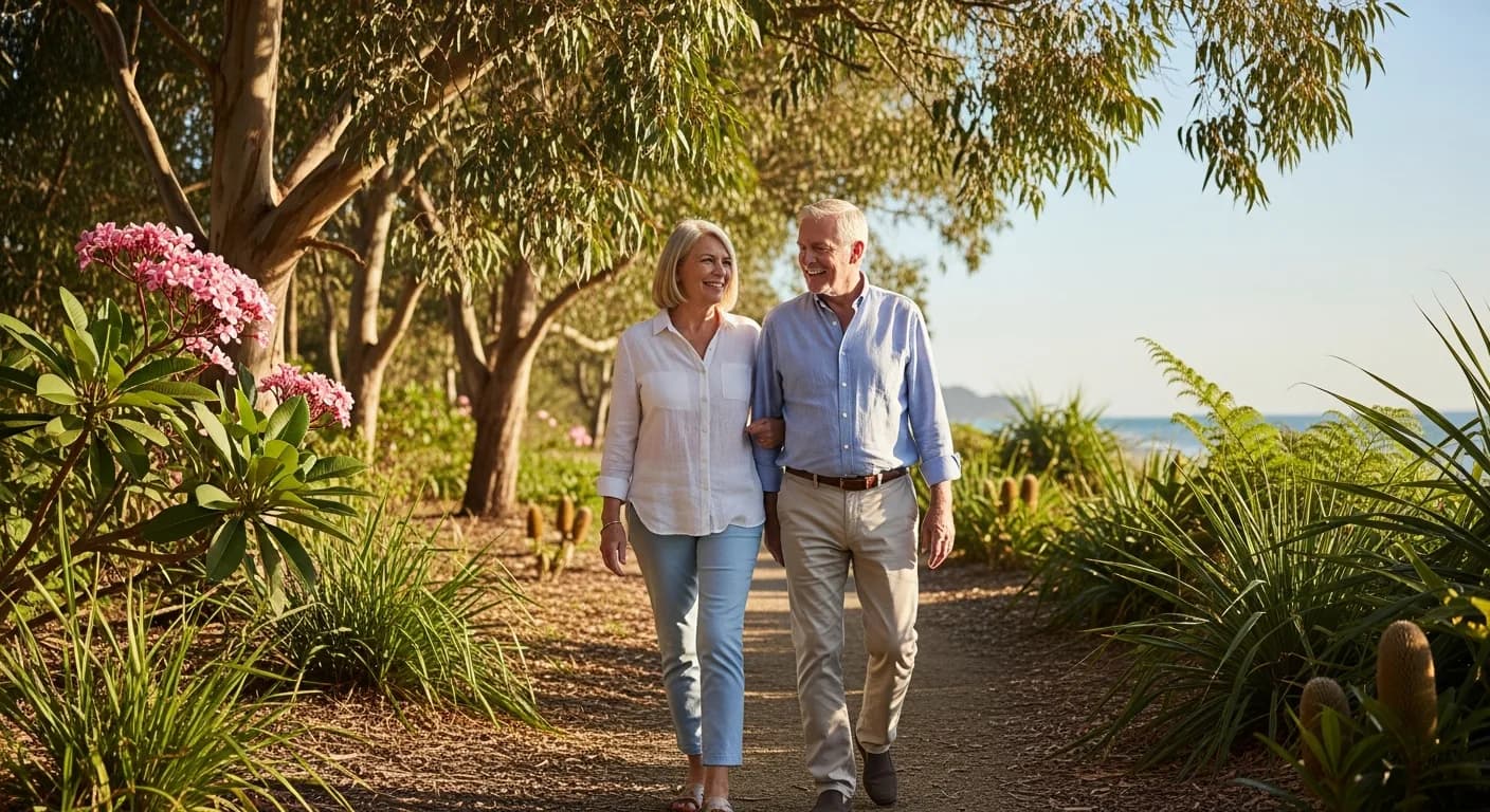 Australian retired couple on a calm Queensland coastal walk