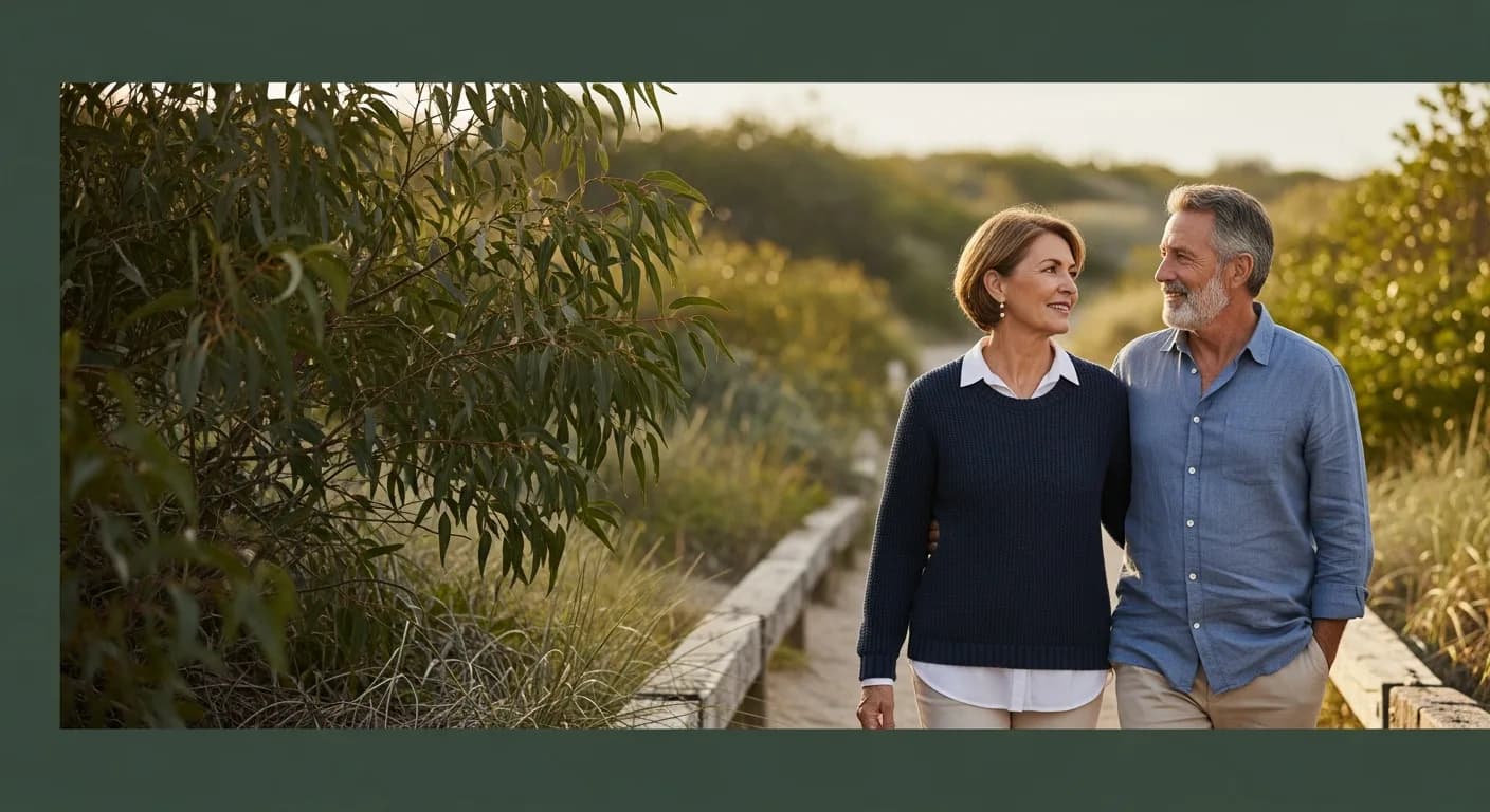 Australian couple in their early sixties enjoying a calm Queensland coastal moment together