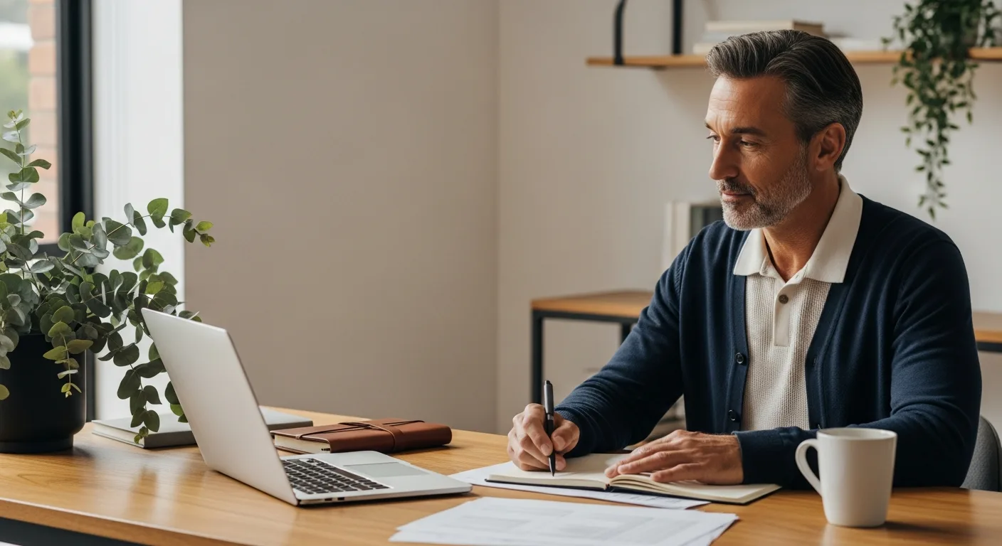 Australian business owner reviewing tax planning at a calm modern desk