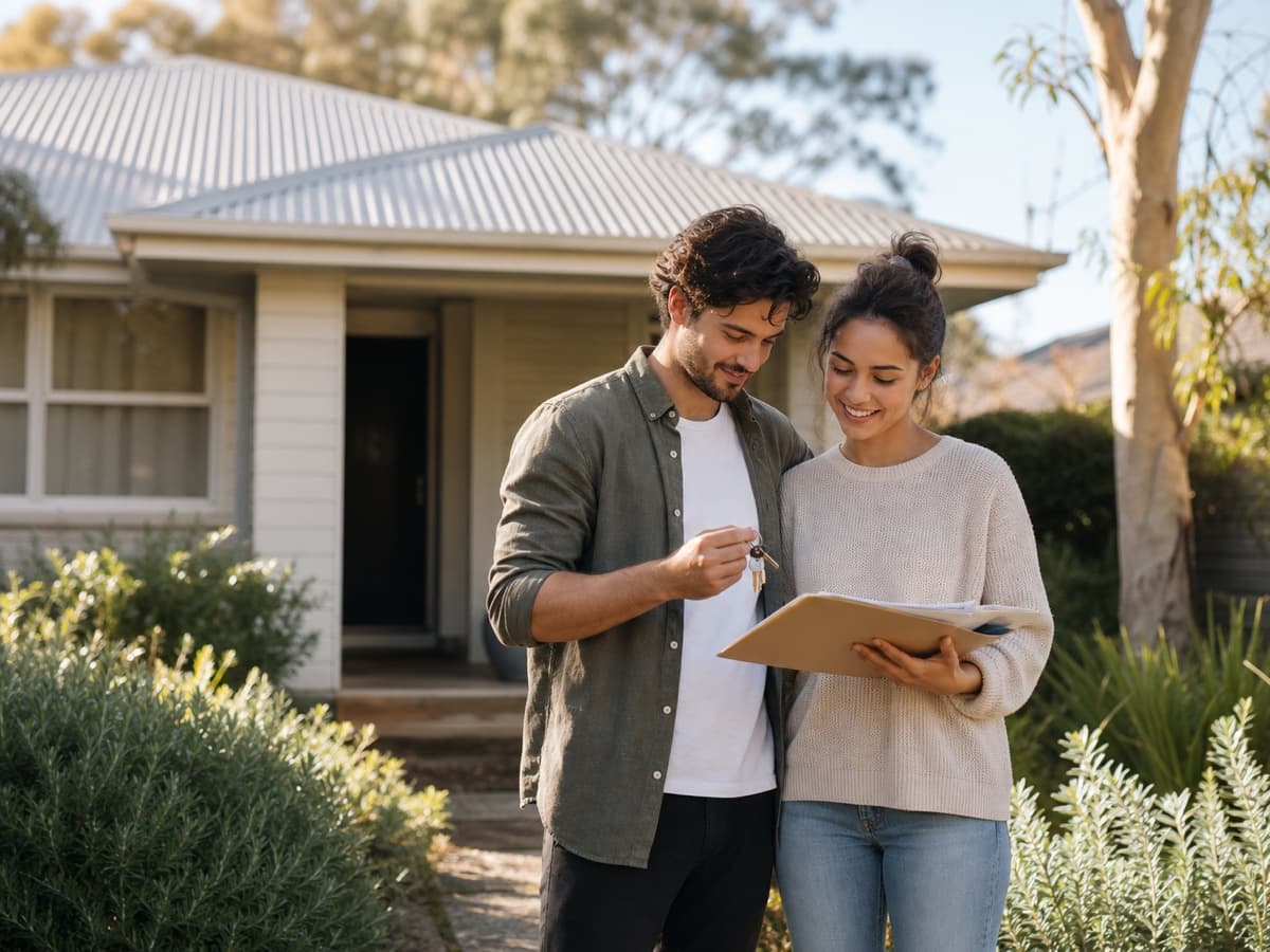 Australian couple reviewing keys and paperwork outside their first home